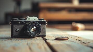 A black camera sits on a wooden table with a coin next to it photo