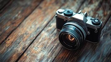 A camera sits on a wooden surface, with the lens facing the viewer photo