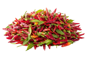 Bright red chili peppers stacked high with fresh green leaves in a market setting showcasing vibrant produce png