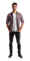 A man in a plaid shirt and jeans standing png