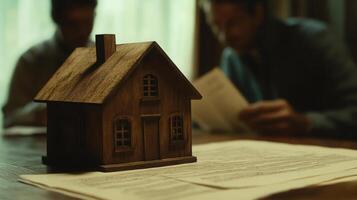 Two professionals discuss real estate strategies while reviewing documents. A wooden house model sits prominently on the table, symbolizing their focus on property investment and development. photo