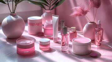 A pink table with various cosmetic products photo