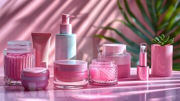 A collection of cosmetic products on a pink table photo