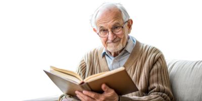 Elderly man reading a book in a cozy living room.. png