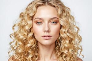 portret van een mooi jong vrouw met blond gekruld haar- foto