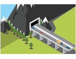 isometrische spoorweg lijn met treinen draag- steenkool door valleien. geïsoleerd Aan landschap achtergrond vector