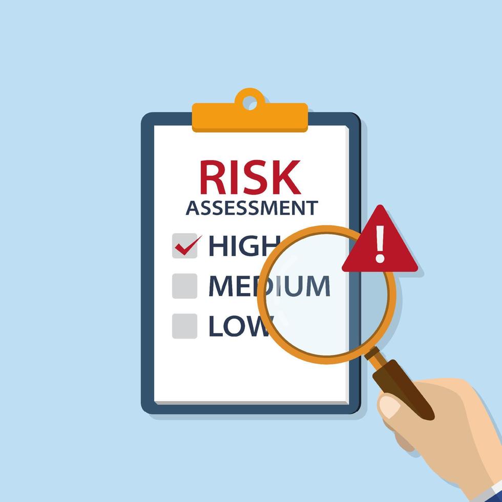 risk bedömning eller Identifiering analys med hand håll förstoringsglas och utrop mark vektor