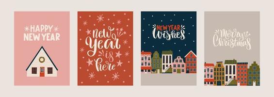 glad jul och Lycklig ny år uppsättning av hälsning kort, posters med olika mycket liten hus. xmas design med text, träd, stad, snöflingor i modern konst stil.hand dragen trendig illustration vektor