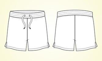 shorts byxor tekniskt mode platt skiss vektor illustration mall fram- och baksidan. bomullsjersey byxklänning design svart mock up isolerad på vit bakgrund