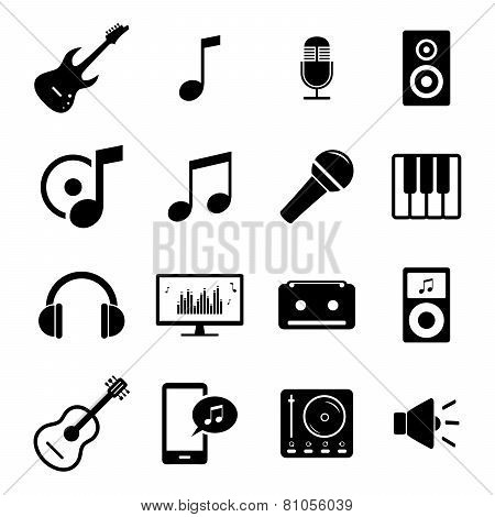 Collection of flat media icons - audio, musical instruments and sound related symbols