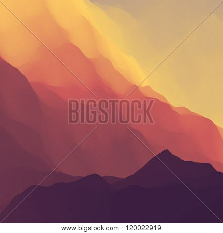 Mountain Landscape. Mountainous Terrain. Mountain Design. Vector Silhouettes Of Mountains Backgrounds. Sunset. Can Be Used For Banner, Flyer, Book Cover, Poster, Web Banners.