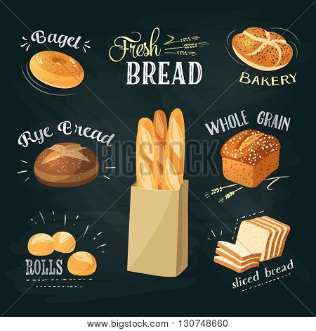 Chalkboard bakery ADs set: bagel, bread, rye bread, ciabatta, wheat bread, whole grain bread, sliced bread, french baguette, croissant. Stylish bakery goods template. Vector illustration.