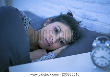 Young Beautiful Sad And Worried Latin Woman Suffering Insomnia And Sleeping Disorder Problem Unable 