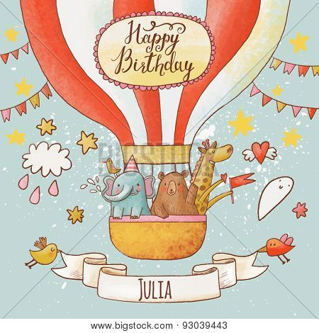 Lovely happy birthday card in bright summer colors. Sweet animals: elephant, bear and giraffe in air balloon in the sky. Awesome personalized childish background in vector