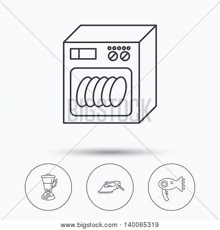 Dishwasher, hairdryer and mixer icons. Iron linear sign. Linear icons in circle buttons. Flat web symbols. Vector