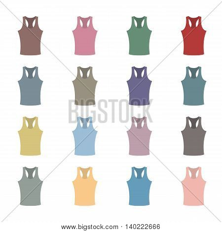 Set of sixteen in a flat style color tank top isolated on white background design element outerwear and article of clothing second set vector illustration.