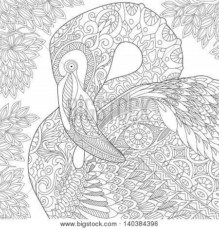 Stylized flamingo bird among jungle foliage. Freehand sketch for adult anti stress coloring book page with doodle and zentangle elements.