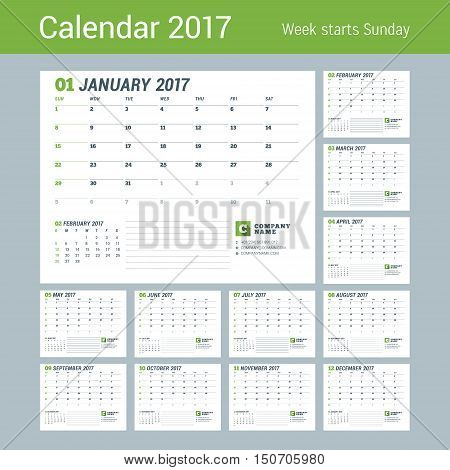 Calendar Template For 2017 Year. Business Planner 2017 Template. Stationery Design. Week Starts Sund