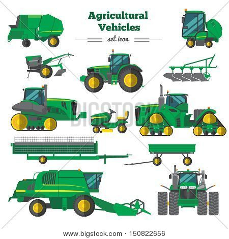 Agricultural vehicles flat icons set with combine tractor trailers elements of cultivation and irrigation isolated vector illustration