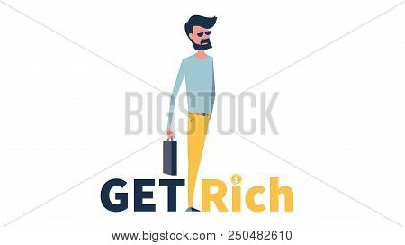 Get Rich. Flat Color Icons, Business Analysis. Young Man With Briefcase In Hand On Background Of The