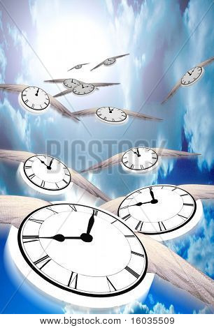 Time Flies...  Winged clocks count off the hours as they fly into the distance