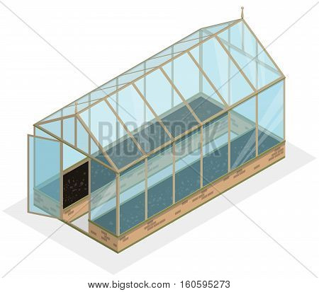 Isometric greenhouse with glass walls, foundations, gable roof and garden bed. Vector Horticultural Conservatory for growing vegetables and flowers. Classic cultivate greenhouse gardening.