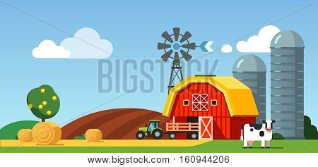 Farm arable field and meadow scenery, cow standing near barn, grain silos, wind generator and tractor with trailer. Modern flat style vector illustration.