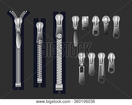 Zipper Pulls. Metal Zippers And Fabric Pull, Cloth Clasp And Clothing Zipper. Textile Zip, Fabrics Z