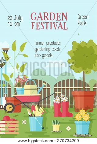 Flyer Or Poster Template With Gardening Or Agricultural Tools, Equipment For Plant Cultivation And P