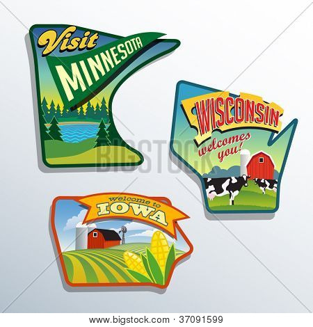 Midwest United States Minnesota Wisconsin Iowa vector illustrations designs