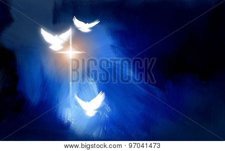 Christian glowing cross and doves