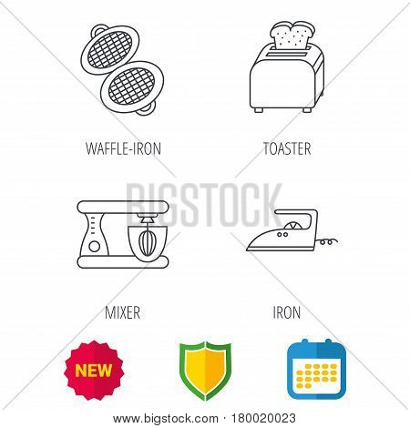 Iron, toaster and blender icons. Waffle-iron linear sign. Shield protection, calendar and new tag web icons. Vector