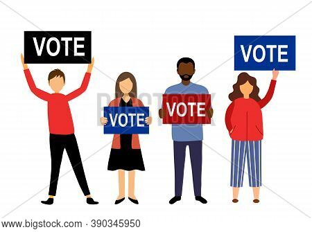 People Standing And Holding Sign Of Vote Text For America President Election Campaign. Election Day 