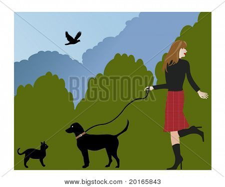 walking the dog and meeting a cat illustration