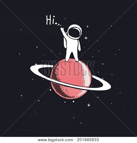 astronaut stay on Saturn and welcomes us.Space theme vector illustration.Spaceman explore a new planet