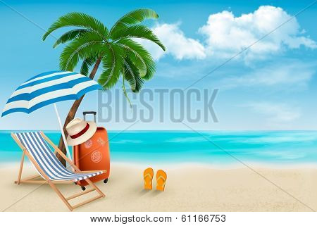 Beach with palm trees and beach chair. Summer vacation concept background. Vector. 