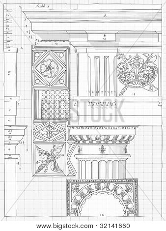 Blueprint - hand draw sketch doric architectural order based 