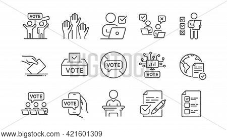 Voting Line Icons. Public Election, Vote Box, Ballot Paper Icons. Candidate, Politics Voting And Peo