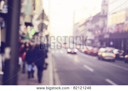 Abstract Urban Background With Blurred Buildings And Street, Shallow Depth Of Focus