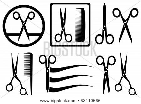 scissors icons with comb for hair salon