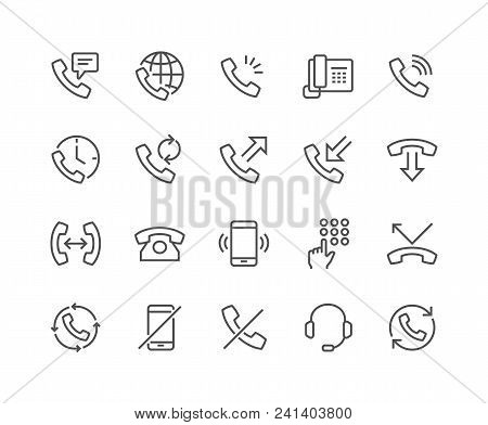 Simple Set Of Phone Related Vector Line Icons. Contains Such Icons As Global Calls, Online Support, 