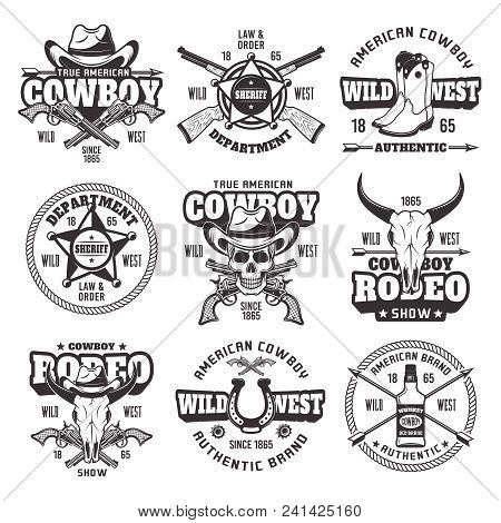 Wild West, Sheriff Department, Cowboy Rodeo Show Set Of Vector Vintage Emblems, Labels, Badges And L