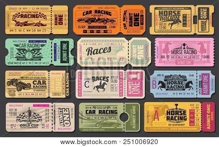 Auto And Horse Racing Sport Event Tickets Template. Admit One Cards With Vintage Racing Car, Racehor