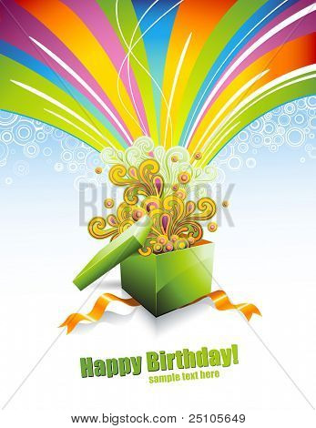 greeting card or background with gift-box and rainbow-colored swirls