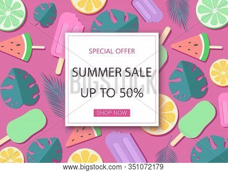 Summer Sale Banner With Symbols For Summer Time Such As Oranges. Vector Illustration Of Discount Tem