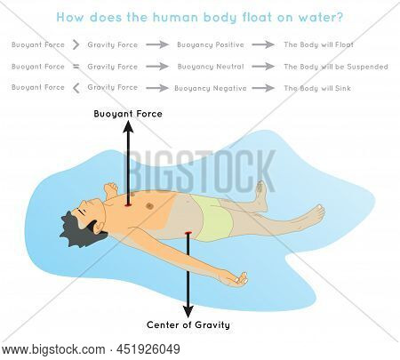 How Does Human Body Float On Water Infographic Diagram Showing Buoyant Force Center Of Gravity And G