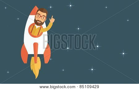 Young hipster with a beard inside the rocket flying in a space. Startup concept. Vector flat design illustration. Horizontal layout with a text space in a right. 