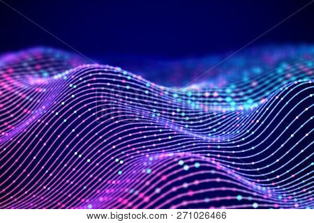 3d Sound Waves With Colored Dots. Big Data Abstract Visualization. Digital Concept: Virtual Landscap