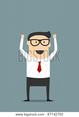 Excited businessman with raised hands