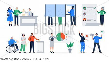 Set Of Illustrations With The Election Process. Election Day, People Voting And Choosing The Candida